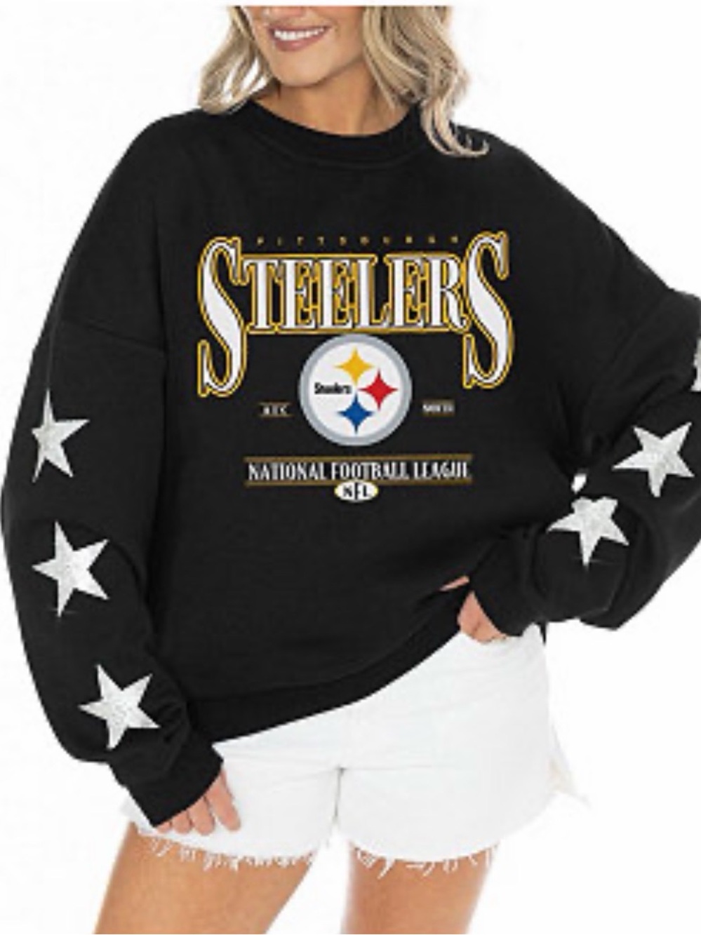 NEW GAME DAY NFL COUTURE  Pittsburgh Steelers Black Crewneck Sweatshirt Stars